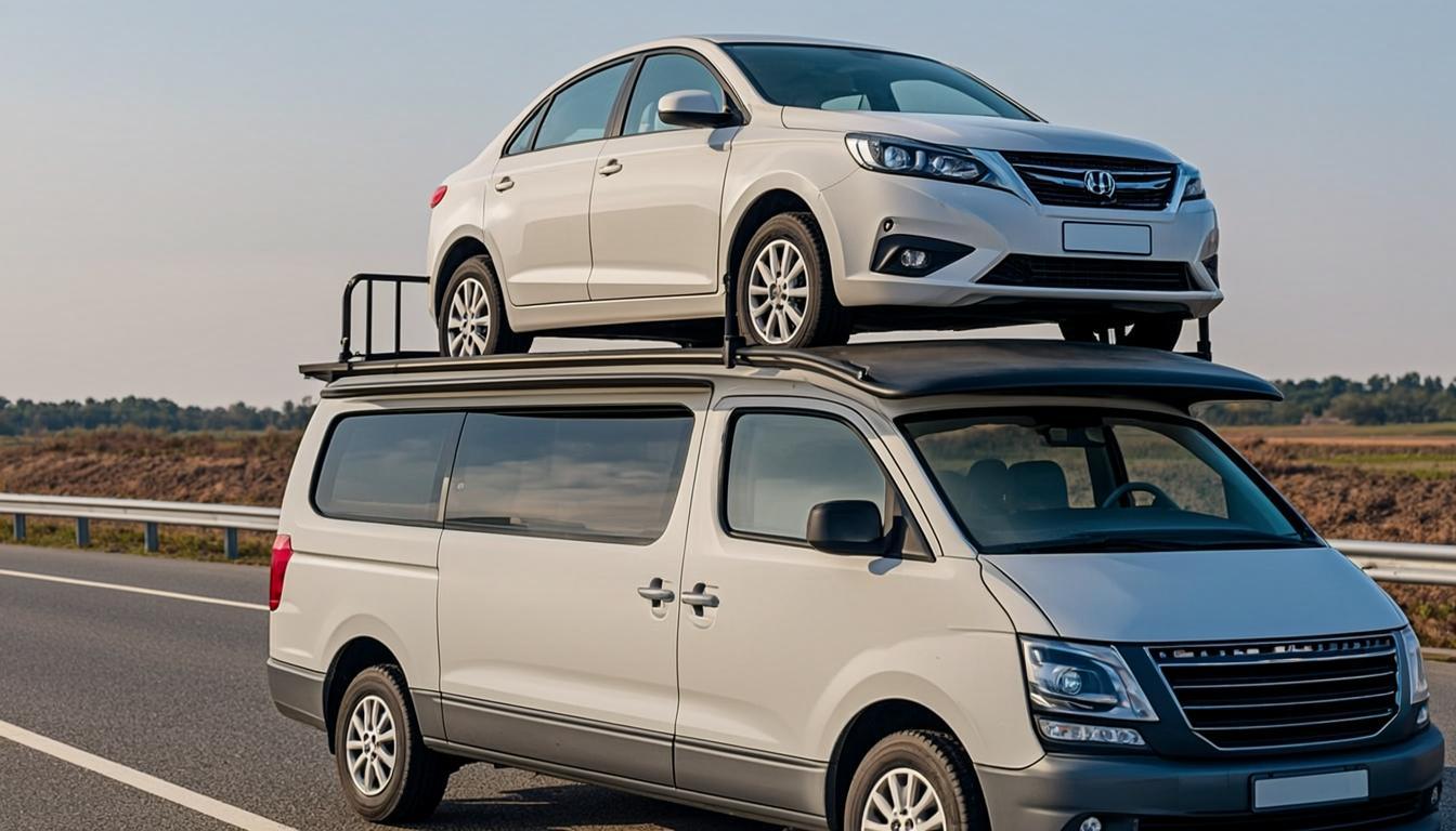 Car carrier moving a hatchback to its new city