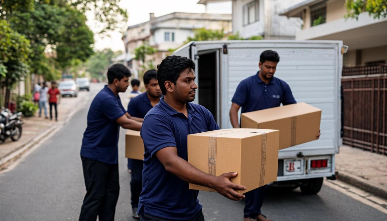 Ranchi Gupta crew loading labeled boxes into a truck for a household move