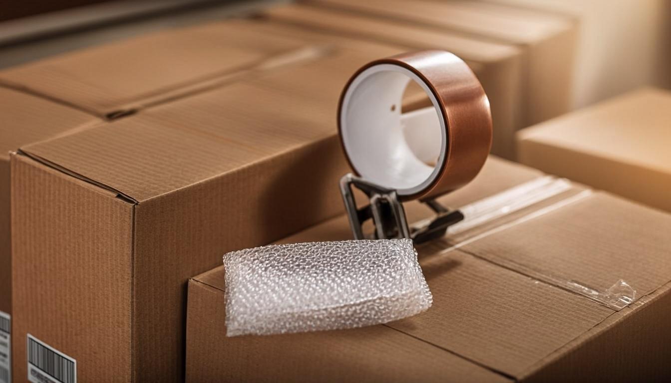 Sealing labeled moving boxes with packing tape during a Ranchi household shift